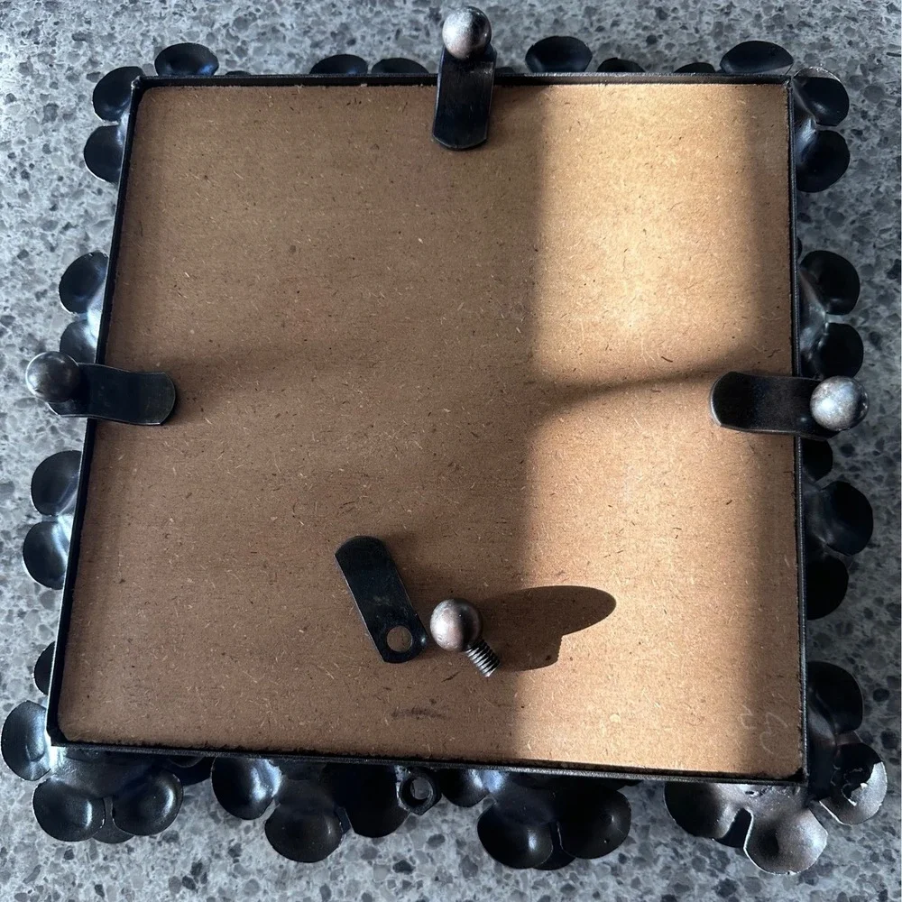 Vintage Brutalist Black Metal Floral Square Mirror Vanity Tray 11.5